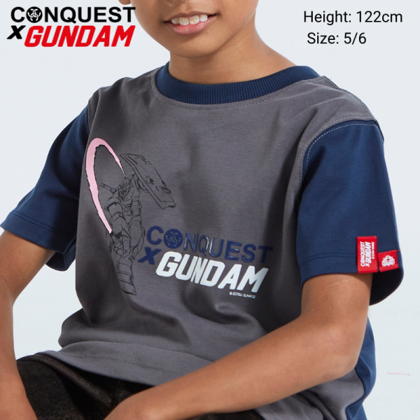 CONQUEST X GUNDAM KIDS RX-78-2 CHARACTER LOGO ROUND NECK SHORT SLEEVE COTTON T-SHIRT TEE FOR KIDS BLACK+BLUE BLACK