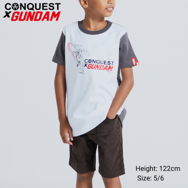 CONQUEST X GUNDAM KIDS RX-78-002 CHARACTER LOGO ROUND NECK SHORT SLEEVE COTTON T-SHIRT TEE FOR KIDS GREY+WHITE