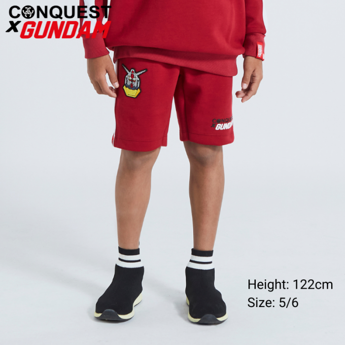 Kids Pants CONQUEST X GUNDAM KIDS MOBILE SUIT GUNDAM HEAD EMBROIDERED SHORT PANT Red Colour Front View
