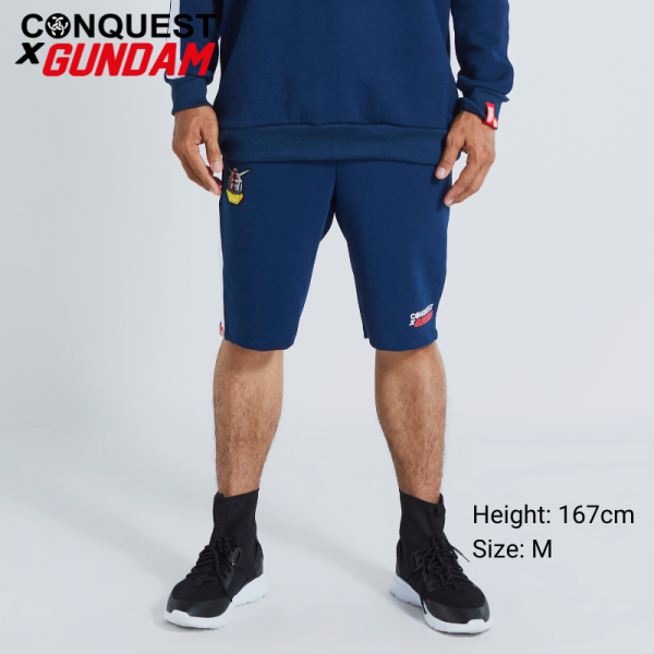 Short Pants For Men CONQUEST X GUNDAM MEN MOBILE SUIT GUNDAM HEAD EMBROIDERED SHORT PANT In Navy Front View