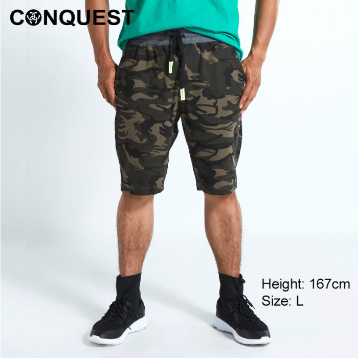 Short Pants For Men CONQUEST MEN LIMITED PREMIUM CAMOUFLAGE PRINT SHORTS In Camo Green Front View
