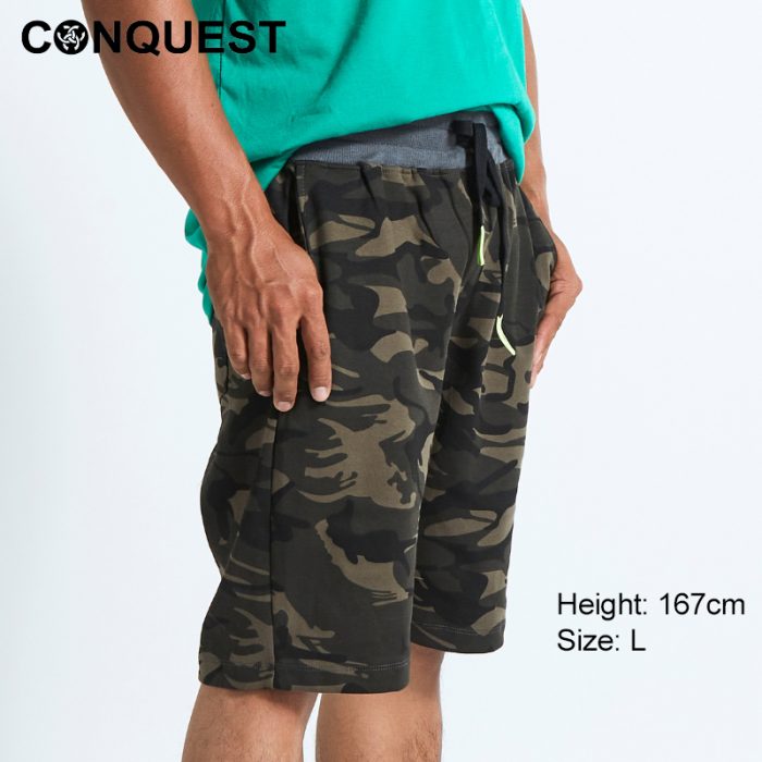 Short Pants For Men CONQUEST MEN LIMITED PREMIUM CAMOUFLAGE PRINT SHORTS In Camo Green Side View