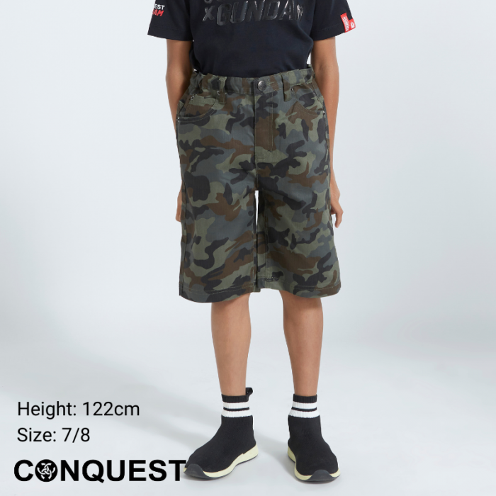 Kids Pants CONQUEST KIDS CAMOUFLAGE PRINT SHORT PANT Army Green Colour Front View
