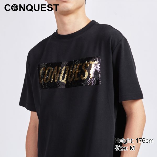 Men Shirt Malaysia CONQUEST MEN LIMITED PREMIUM LOGO REVERSIBLE SEQUIN TEE In Black With Reversible Sequins Effect