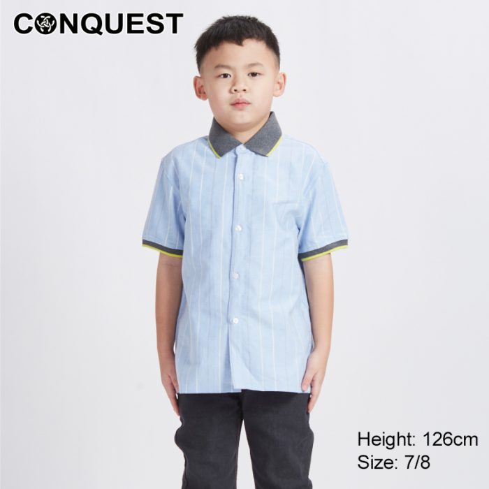 Kids Clothes Online Malaysia CONQUEST KIDS BASIC WOVEN SHIRT In Stripe Blue Front View