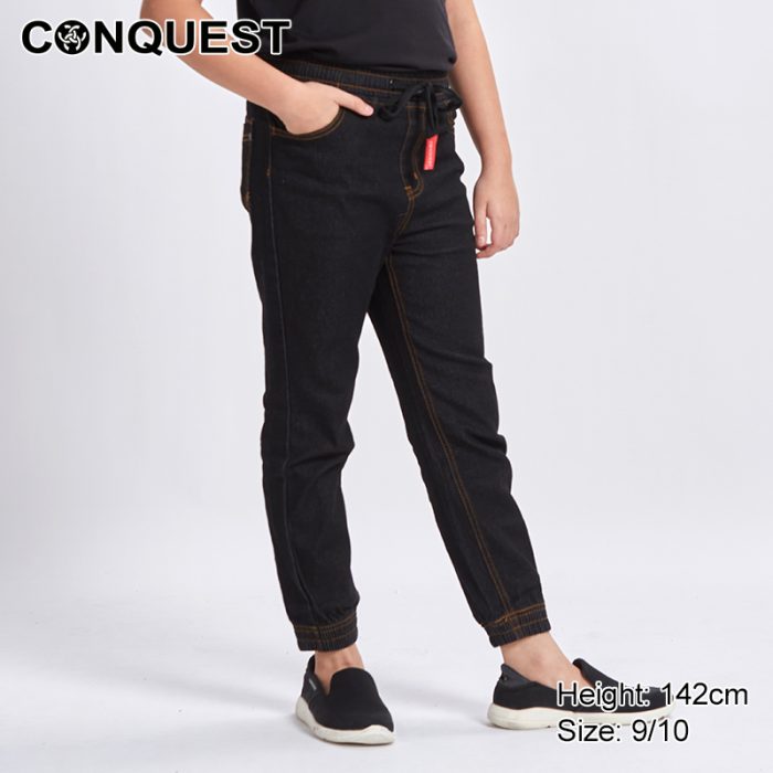 Conquest Pants CONQUEST KIDS PREMIUM BASIC JOGGER LONG JEANS Black Colour Front View