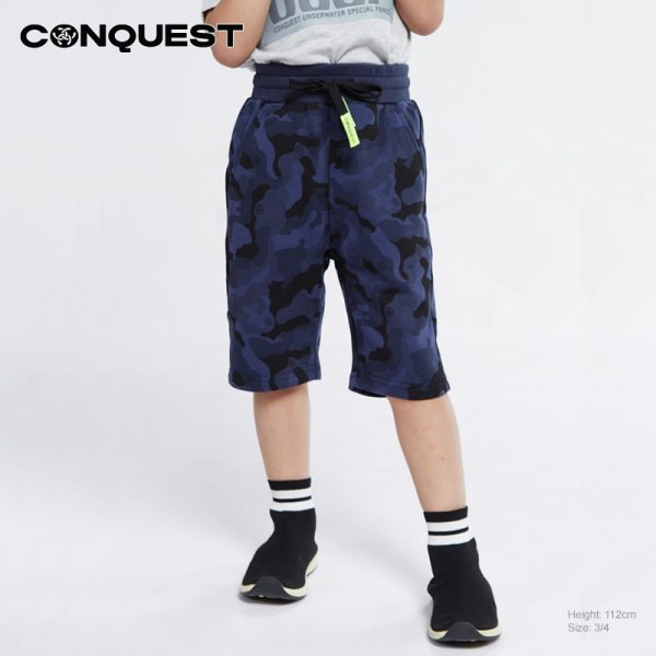 Conquest Pants CONQUEST KIDS CAMO FULL PRINT SHORT PANT Camo Navy Colour Front View