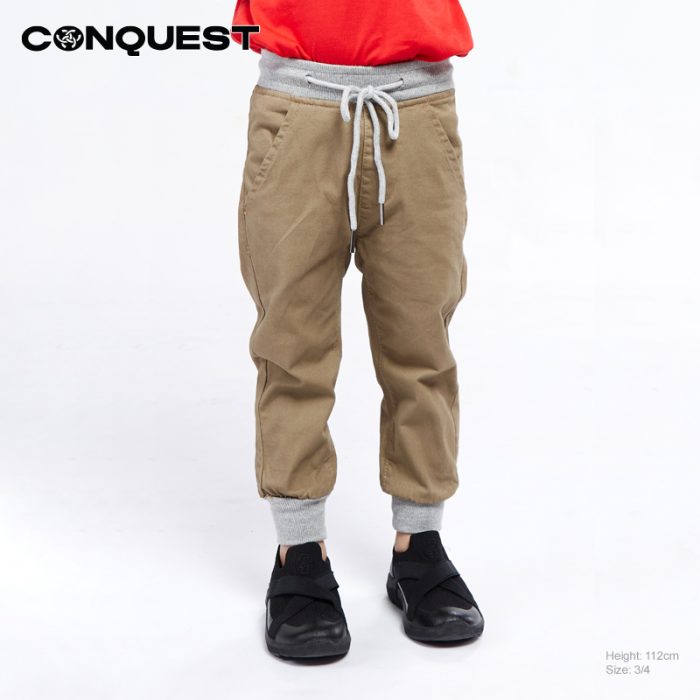 Conquest Pants CONQUEST KIDS COTTON TWILL DRAWSTRING JOGGER PANT Khaki Colour Front View