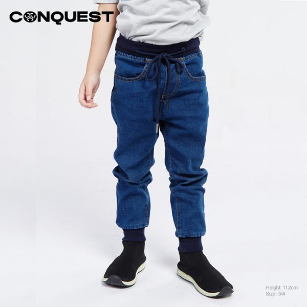 Kids Jeans CONQUEST KIDS DRAWSTRING WAIST JOGGER JEANS Indigol Colour Front View