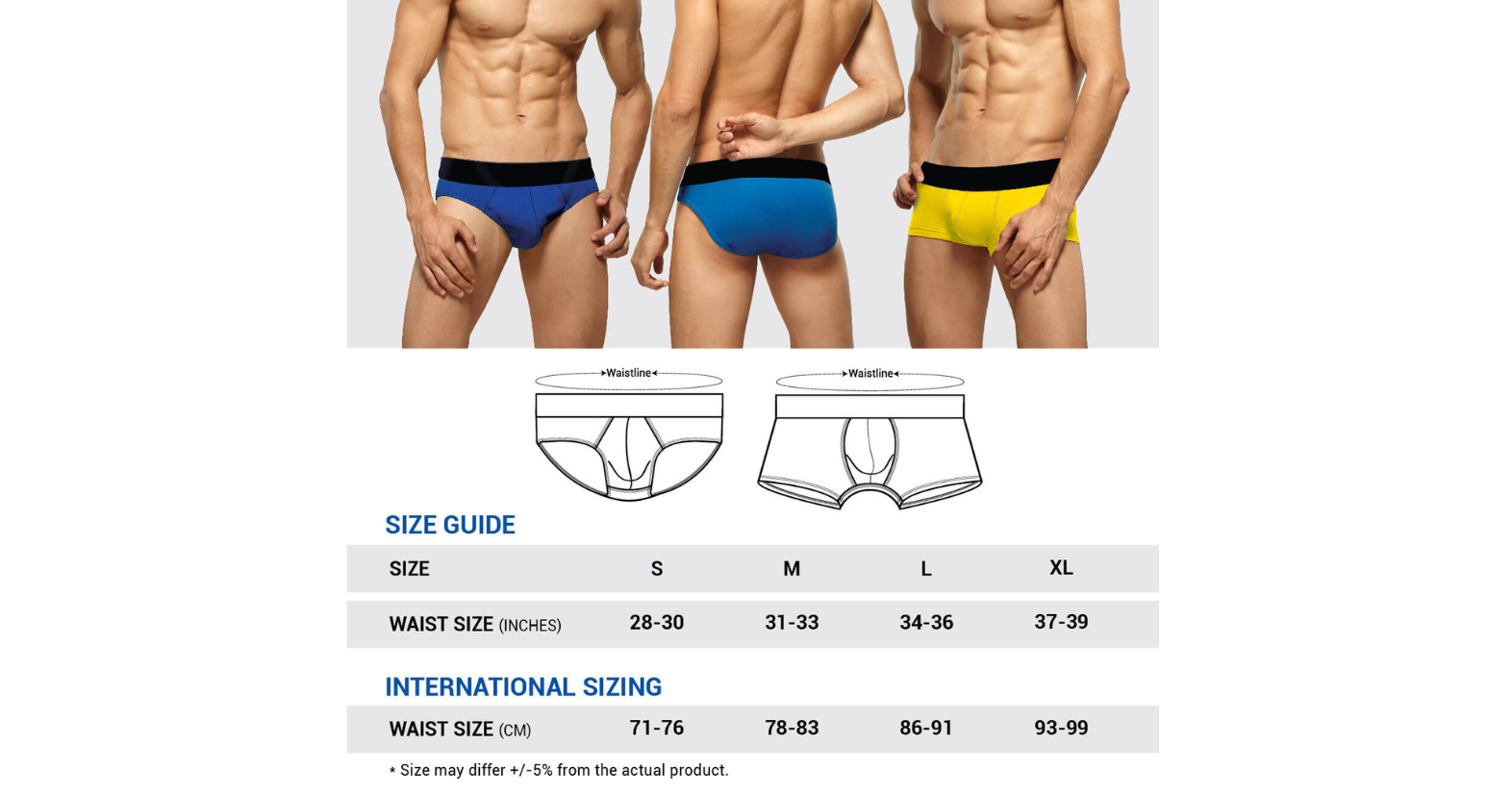 Mens underwear size chart for boxers in CM and inches