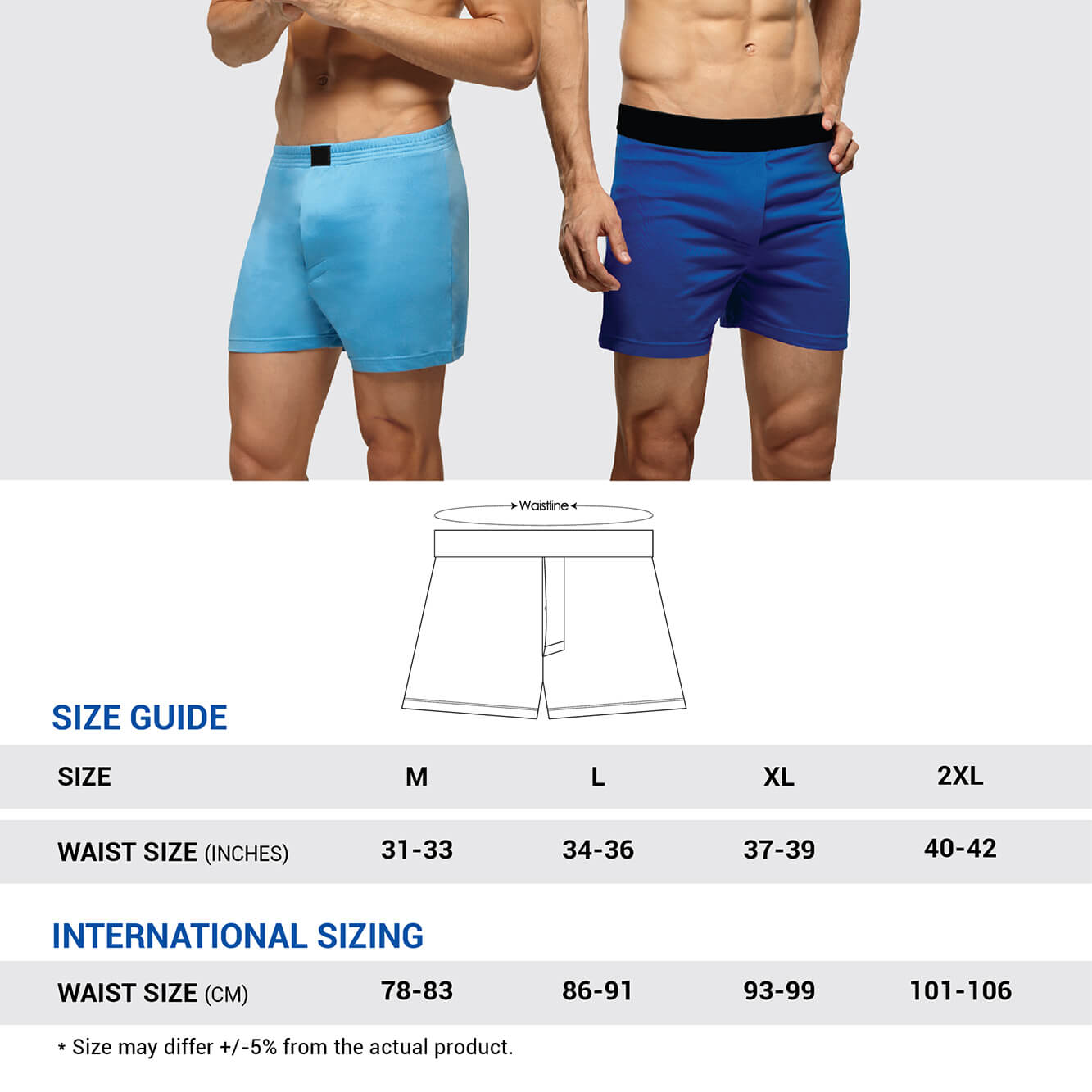 Boxer size chart in inches and CM for international sizing