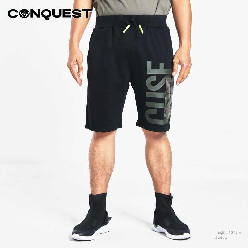 CONQUEST MEN CUSF LARGE SIDE POCKET SHORT PANT IN BLACK FRONT VIEW