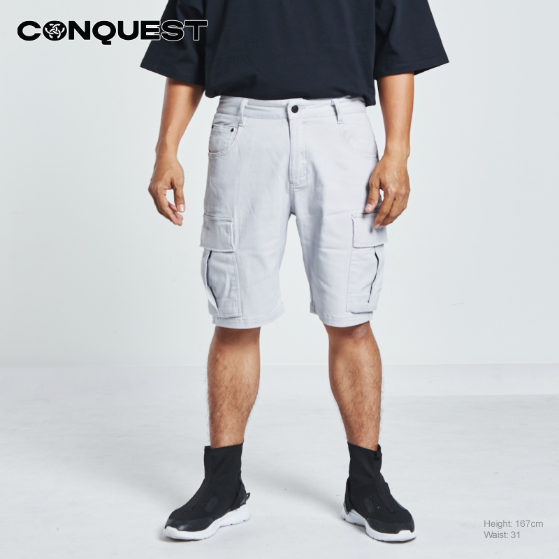 CONQUEST CASUAL FLAP POCKET CARGO MEN SHORT PANT IN LIGHT GREY FRONT VIEW