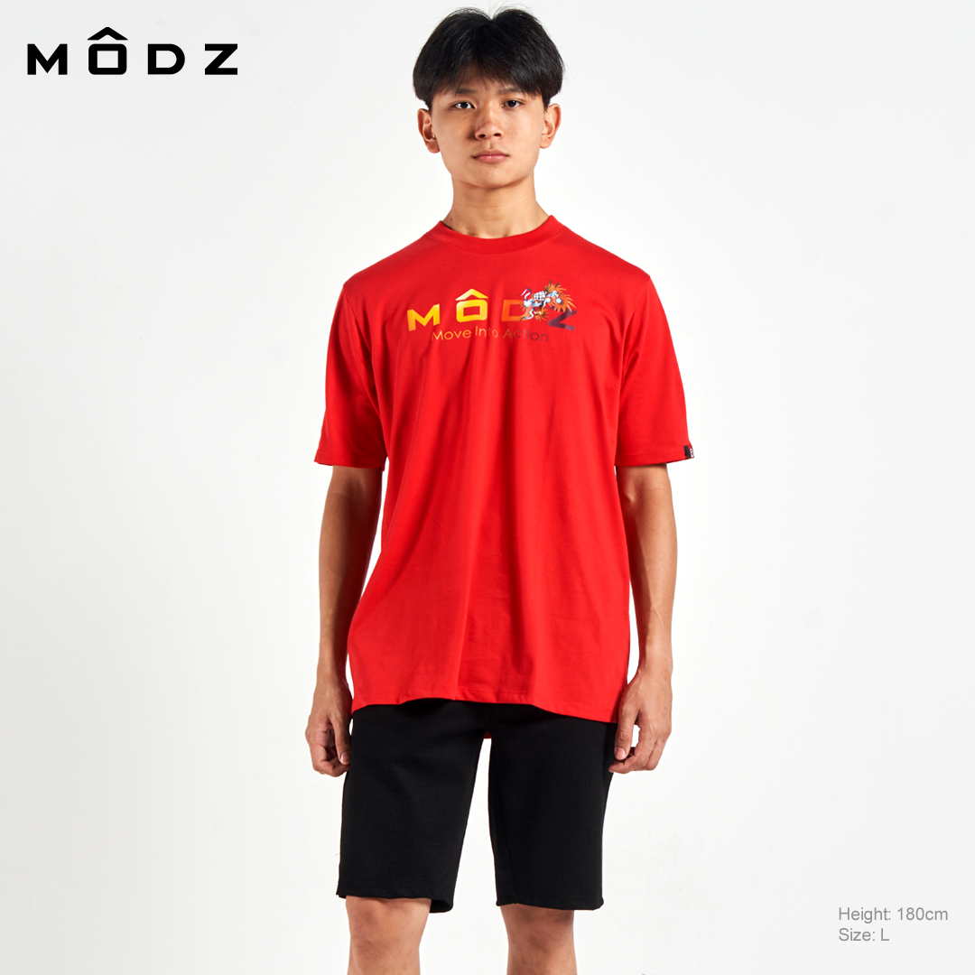 MODZ MEN MOVE INTO ACTION LOGO DRAGON TEE SHIRT IN RED COLOUR FRONT VIEW