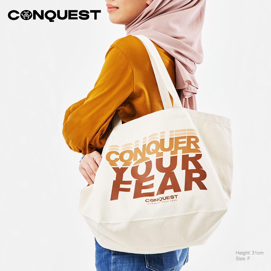 CONQUEST CONQUER YOUR FEAR TOTE BAG IN BROWN AND BEIGE