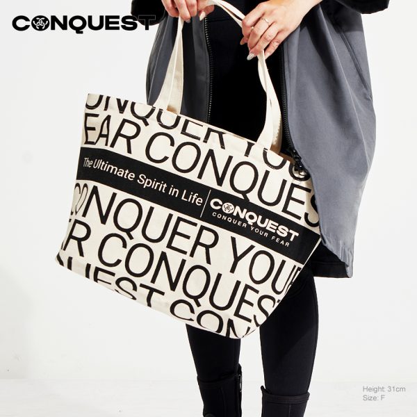 CONQUEST TYPOGRAPHY CONQUER YOUR FEAR TOTE BAG IN BLACK AND BEIGE COLOUR