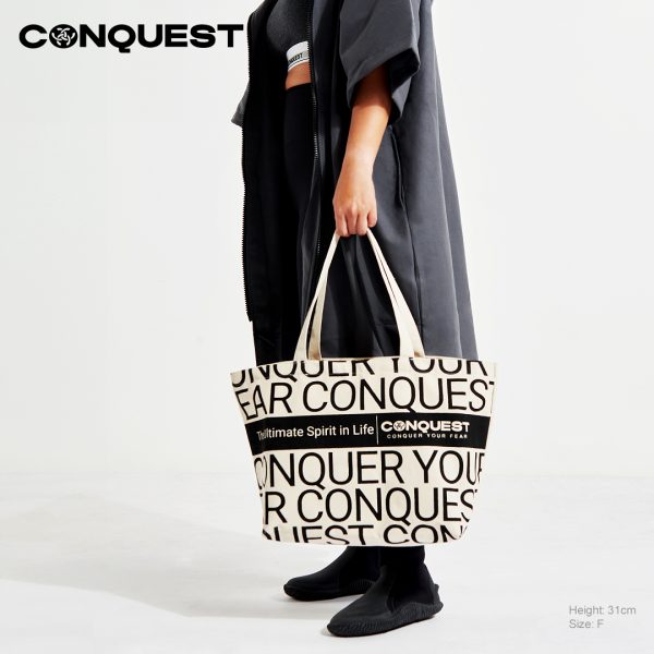 CONQUEST TYPOGRAPHY CONQUER YOUR FEAR TOTE BAG IN BLACK AND BEIGE COLOUR FRONT VIEW