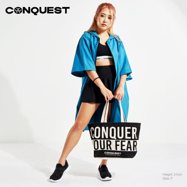 CONQUEST TWO TONE CONQUER YOUR FEAR TOTE BAG IN BLACK AND BEIGE COLOUR FRONT VIEW