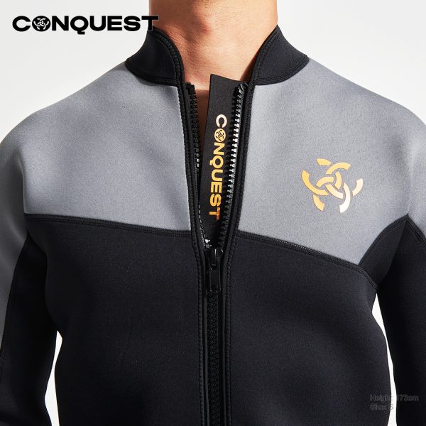 CONQUEST MEN MIX AND MATCH COLOR SCUBA DIVING WETSUIT TOP IN BLACK AND GREY FRONT VIEW