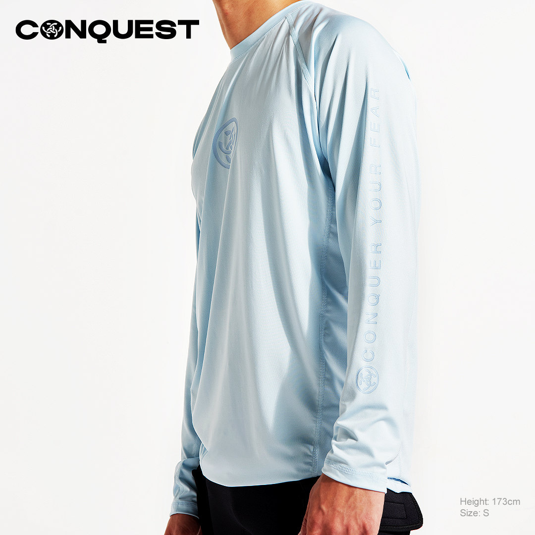CONQUEST MEN CONQUER YOUR FEAR RASHGUARD LOOSE FIT IN SKYLIGHT BLUE COLOUR SIDE VIEW
