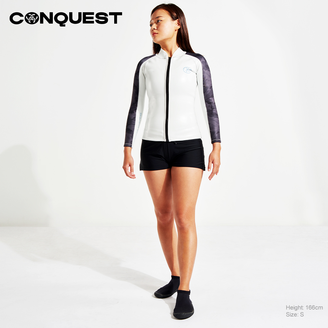 CONQUEST WOMEN CAMOUFLAGE SCUBA DIVING WETSUIT TOP IN WHITE COLOUR FRONT VIEW