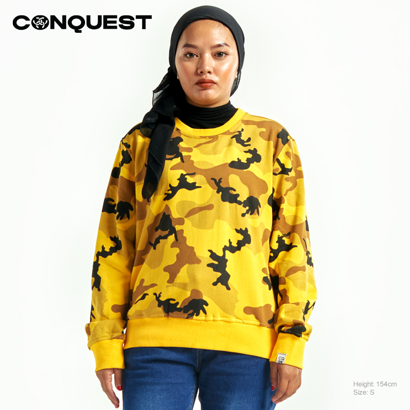 CONQUEST MEN FRENCH TERRY CAMOUFLAGE LONG SLEEVE SWEATER IN CAMO YELLOW