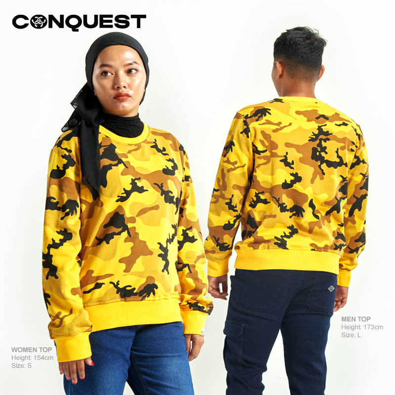 CONQUEST MEN FRENCH TERRY CAMOUFLAGE LONG SLEEVE SWEATER IN CAMO YELLOW FRONT AND BACK VIEW