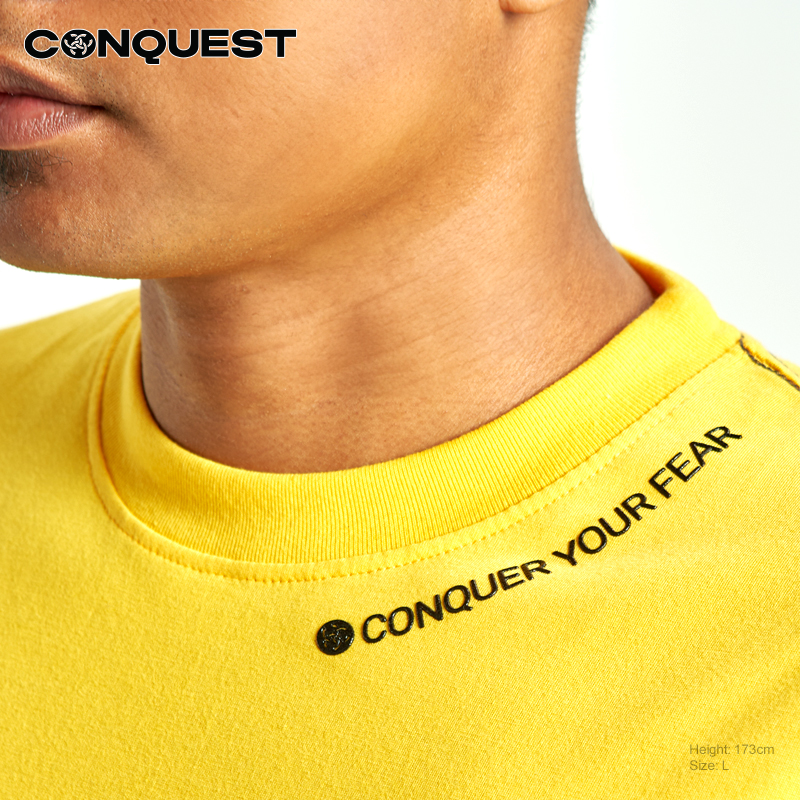CONQUEST MEN CONQUER YOUR FEAR LOGO TEE SHIRT IN YELLOW NECK DETAIL