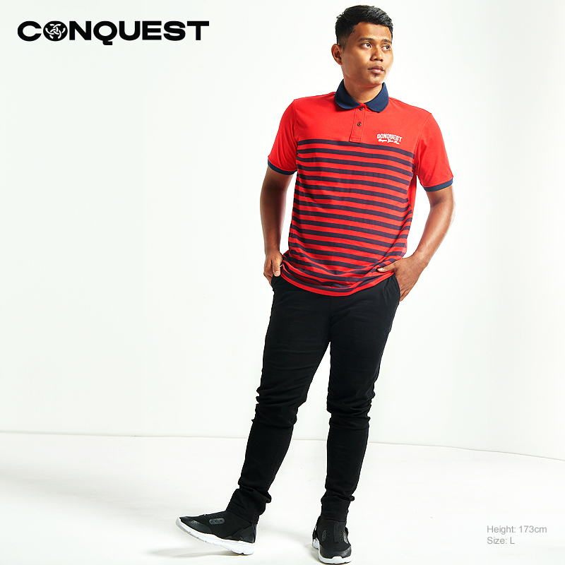 CONQUEST MEN STRIPE POLO TEE SHIRT IN STRIPE RED