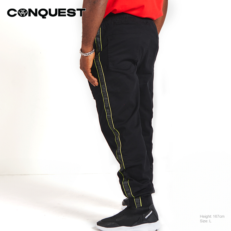 CONQUEST PRINTED LOGO TAPE JOGGER PANTS MEN IN BLACK BACK VIEW